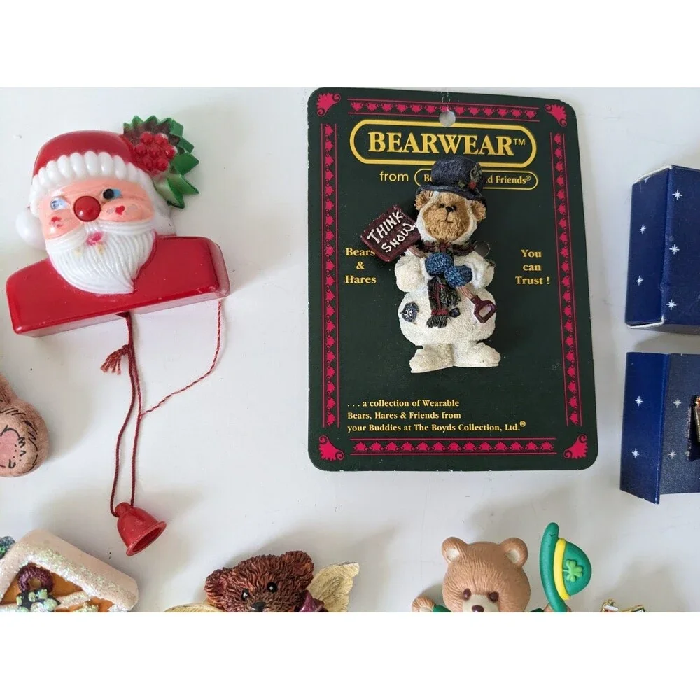 Vintage 27 Christmas Brooch Santa Bear Gingerbread Angel, Boyd's #26067 Bearwear